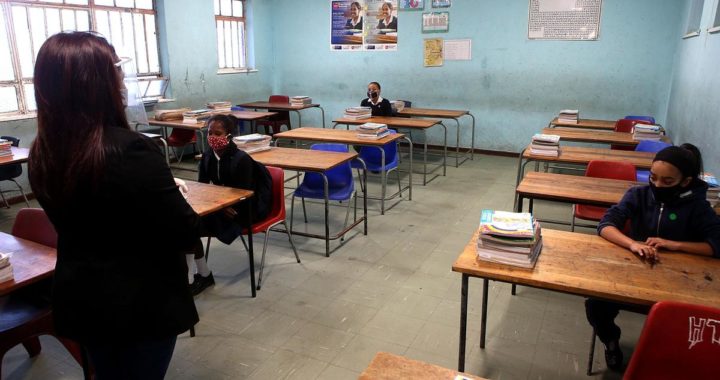 A teacher teaches her class during the Covid-19 pandemic.