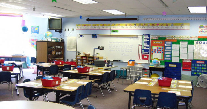An empty school classroom.