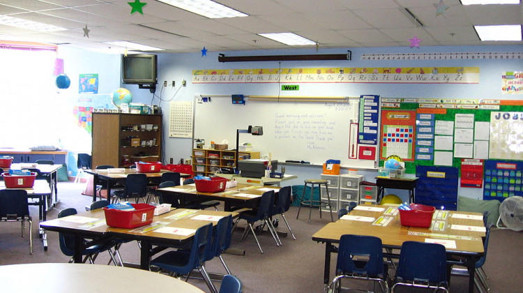 An empty school classroom.