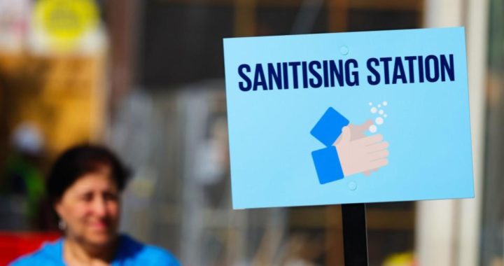 blue sanitising station